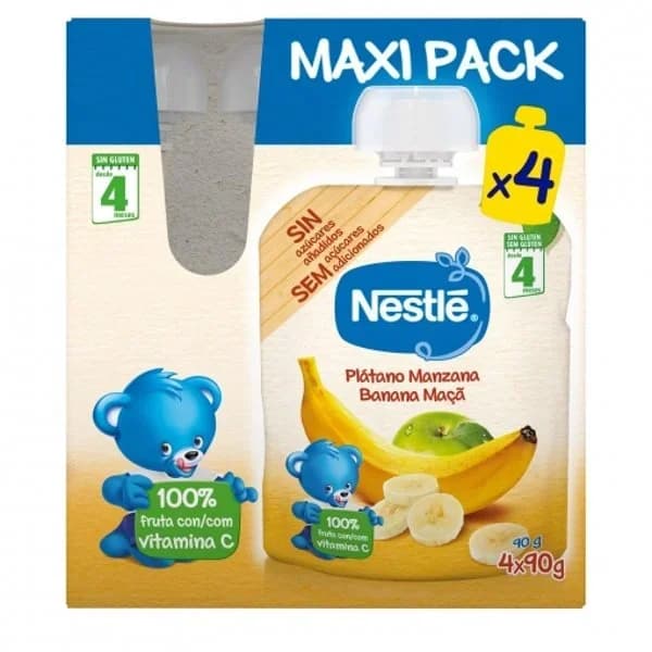 Bolsita de plátano y manzana desde 4 meses Nestlé sin gluten y sin azúcar añadido pack de 4 unidades de 90 g. - 0.36 kg - Imagen del producto en Findit