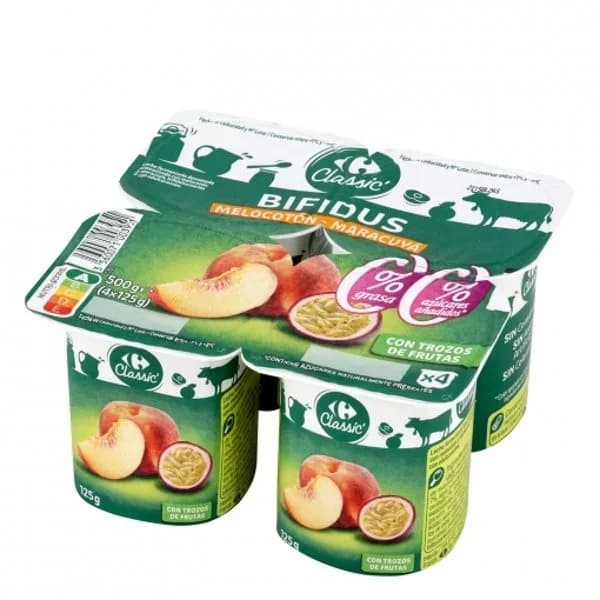 Bífidus desnatado con trozos de melocotón y maracuyá sin azúcar añadido Carrefour pack de 4 unidades de 125 g. - 0.5 kg - Imagen del producto en Findit
