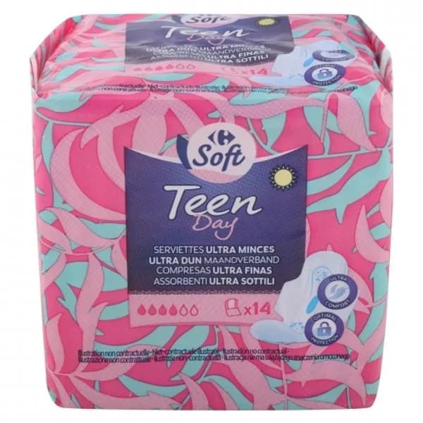 Compresas ultra finas con alas Teen Day Carrefour Soft 14 ud. - 13.85 ud - Imagen del producto en Findit