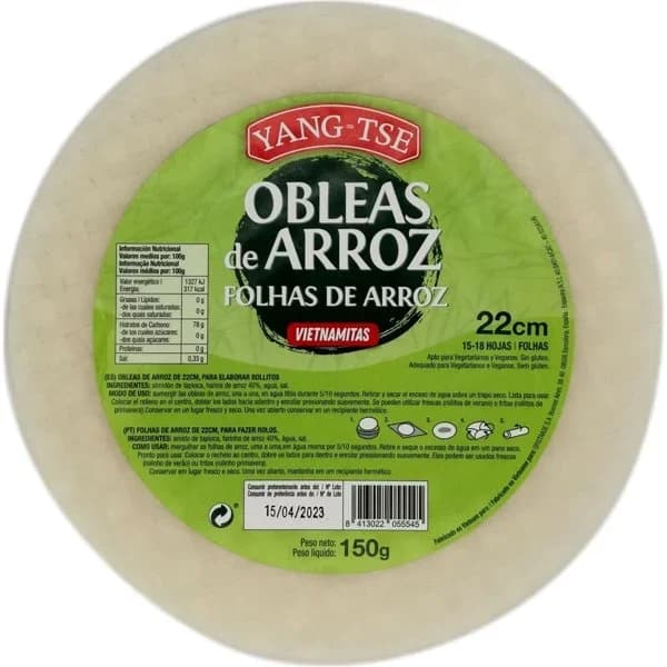 Obleas de arroz vietnamitas Yang-Tse sin gluten 150 g. - 0.15 kg - Imagen del producto en Findit