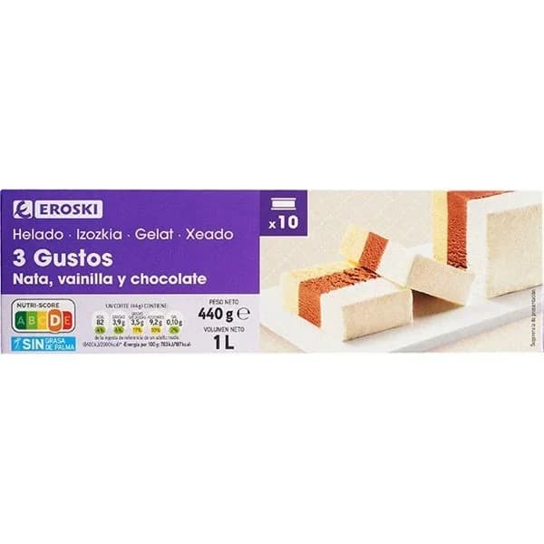 Helado corte de chocolate, vainilla y nata EROSKI, barra 1 litro - 1 l - Imagen del producto en Findit