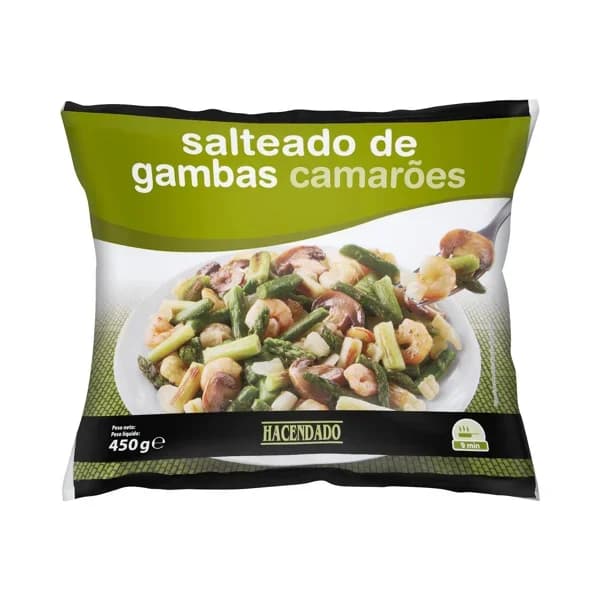 Salteado de gambas  espárragos verdes  ajos tiernos  champiñón y cebolla Hacendado ultracongelado - 0.45 kg - Imagen del producto en Findit