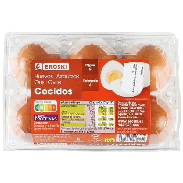 Huevo cocido EROSKI, cartón 6 uds - 6 ud - Imagen del producto en Findit