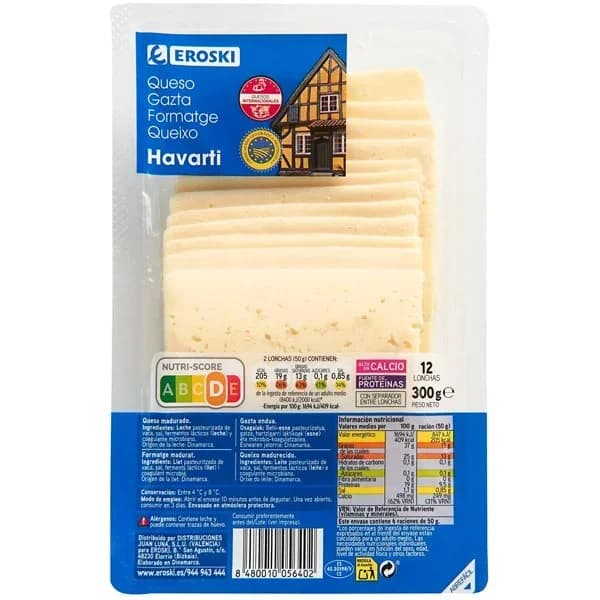 Queso Havarti EROSKI, lonchas, bandeja 300 g - 0.3 kg - Imagen del producto en Findit