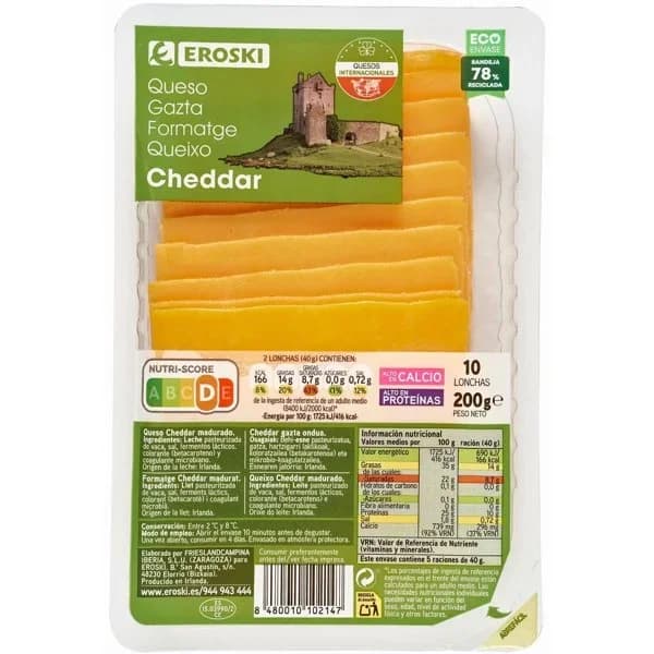 Queso Cheddar EROSKI, lonchas, bandeja 200 g - 0.2 kg - Imagen del producto en Findit
