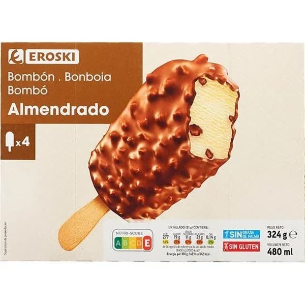 Helado bombón almendrado grande EROSKI, pack 4x120 ml - 0.48 l - Imagen del producto en Findit