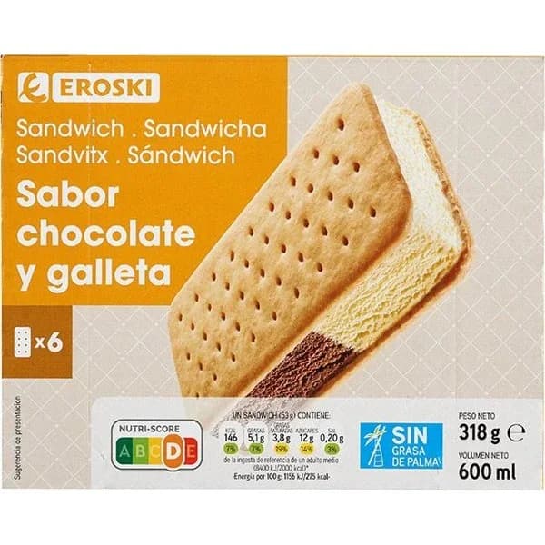 Helado sandwich de chocolate y galleta EROSKI, pack 6x100 ml - 0.6 l - Imagen del producto en Findit