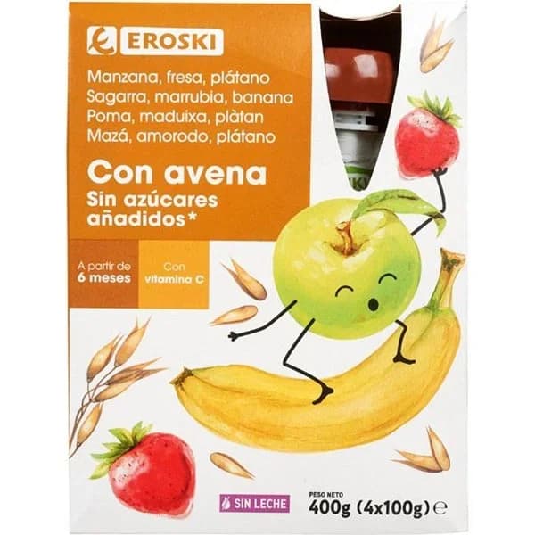 Bolsita de frutas con avena EROSKI, pack 4x100 ml - 0.4 l - Imagen del producto en Findit
