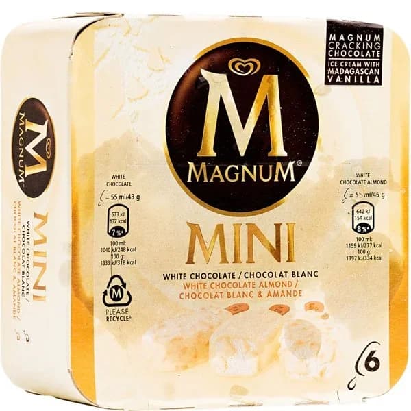 Bombón mini helado de vainilla recubierto con chocolate blanco Almond Magnum sin gluten 6 ud. - 5.97 ud - Imagen del producto en Findit