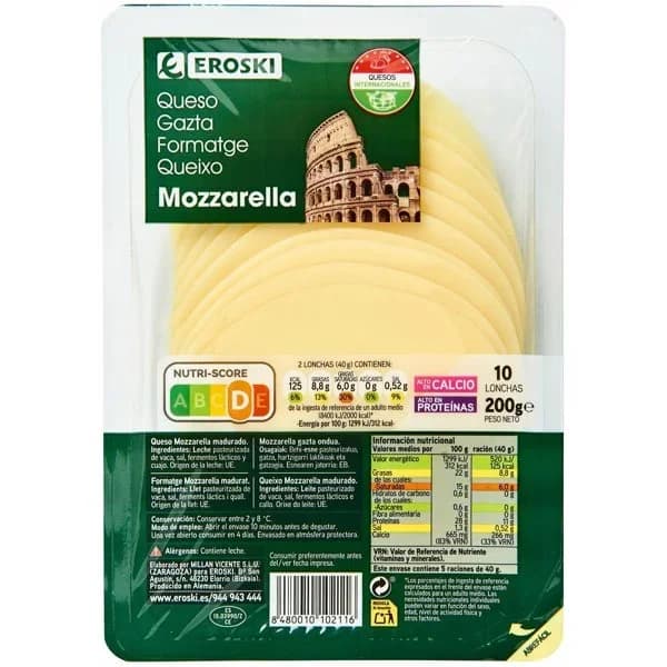 Queso Mozzarella EROSKI, lonchas, bandeja 200 g - 0.2 kg - Imagen del producto en Findit