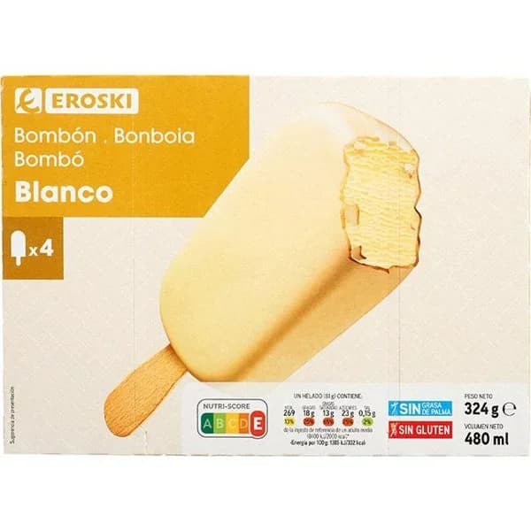 Helado bombón blanco EROSKI, pack 4x120 ml - 0.48 l - Imagen del producto en Findit