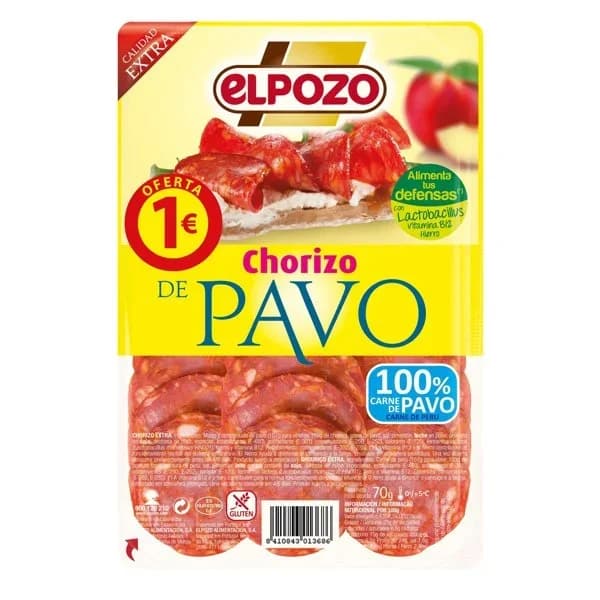 Chorizo de pavo El Pozo 80 g. - 0.07 kg - Imagen del producto en Findit