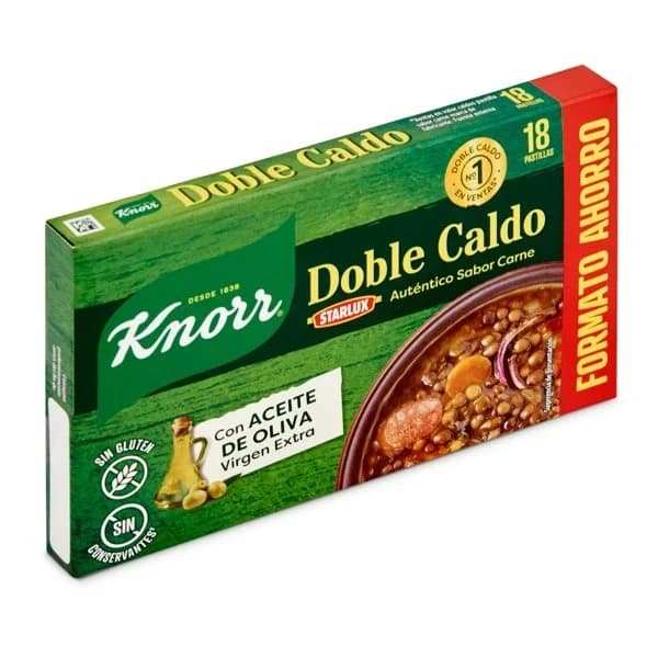 Doble caldo carne Knorr sin gluten y sin lactosa 18 pastillas - 17.92 ud - Imagen del producto en Findit