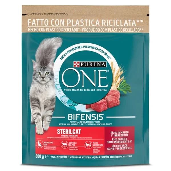 Alimento para gatos esterilizados rico en buey Purina one bolsa 800 g - 0.8 kg - Imagen del producto en Findit