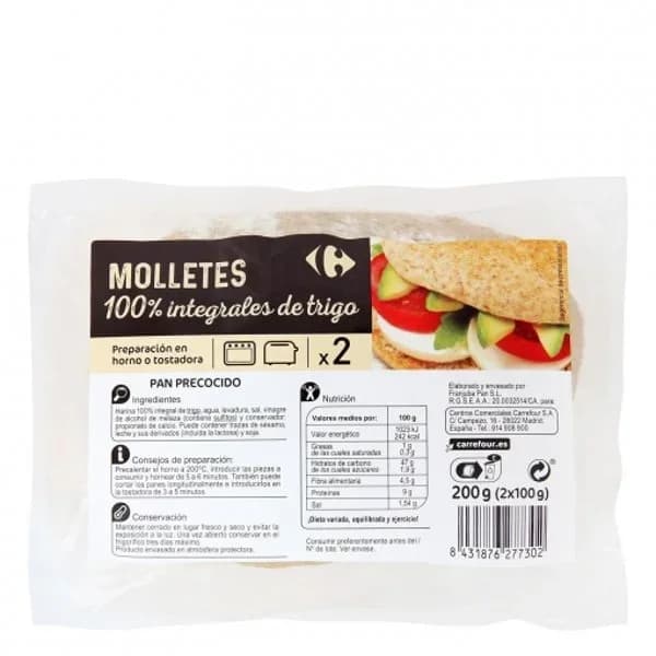 Molletes de pan integral para hornear o tostar Carrefour pack de 2 unidades de 100 g - 0.2 kg - Imagen del producto en Findit