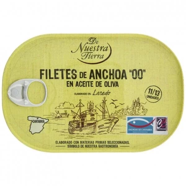 Filetes de anchoa del Cantábrico en aceite de oliva De Nuestra Tierra 60 g. - 0.06 kg - Imagen del producto en Findit