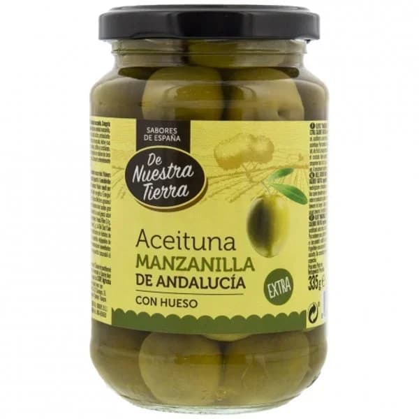 Aceitunas verdes manzanilla con hueso De Nuestra Tierra 210 g. - 0.21 kg - Imagen del producto en Findit