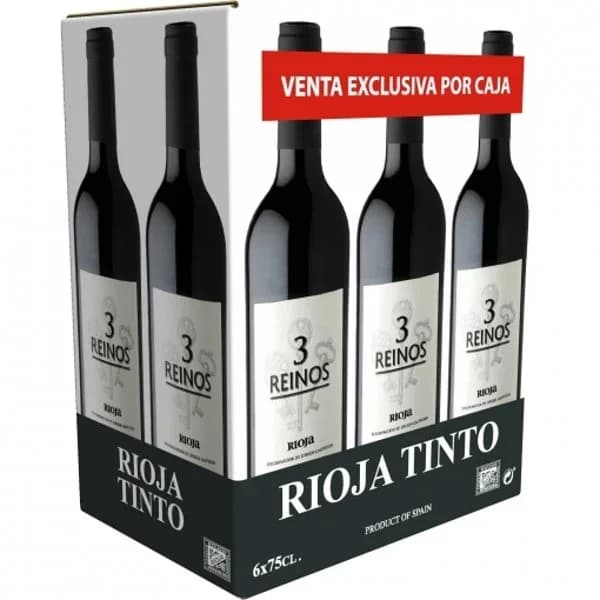 Caja de 6 botellas de vino tinto joven tempranillo Tres Reinos D.O.Ca. Rioja 75 cl. - 1 ud - Imagen del producto en Findit