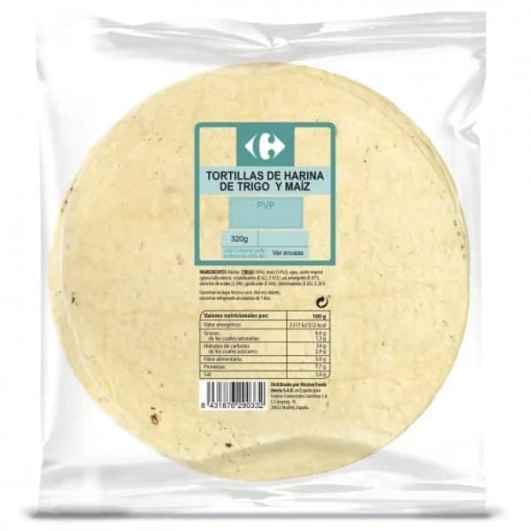 Tortillas de harina de trigo y maíz Carrefour 320 g - 1 ud - Imagen del producto en Findit
