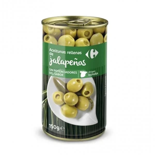 Aceitunas rellenas de jalapeños Carrefour sin gluten y sin lactosa 150 g. - 0.15 kg - Imagen del producto en Findit