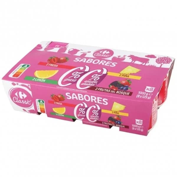 Yogur desnatado sabores Carrefour Classic' sin azúcar añadido pack de 8 unidades de 125 g. - 1 kg - Imagen del producto en Findit