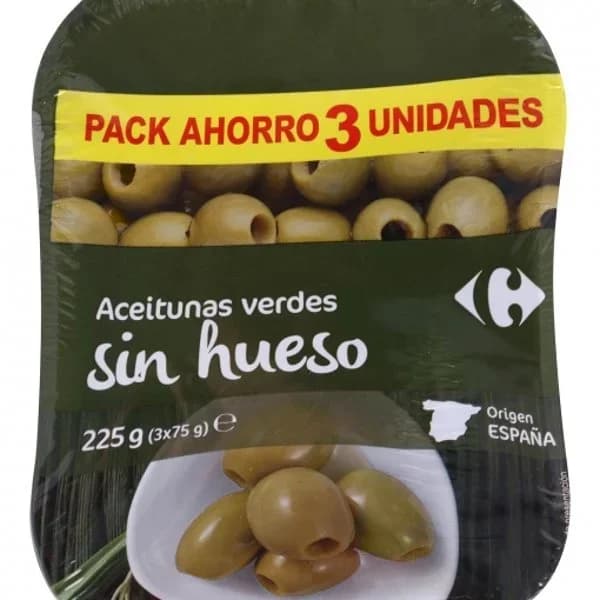 Aceitunas manzanilla sin hueso Carrefour pack de 3 unidades de 75 g. - 0.22 kg - Imagen del producto en Findit