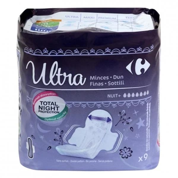 Compresas ultrafinas con alas para la noche Carrefour 9 ud. - 9 ud - Imagen del producto en Findit