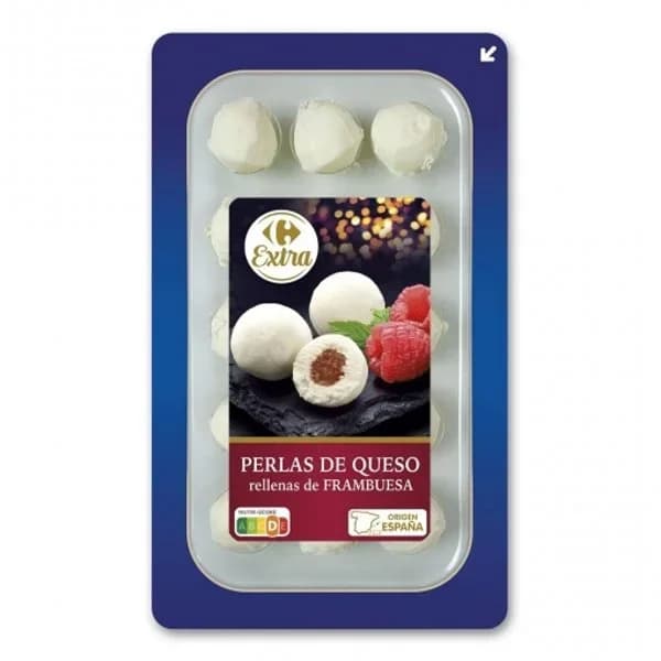 Queso en perlas rellanas de frambuesa Extra Carrefour 125 g. - 0.12 kg - Imagen del producto en Findit