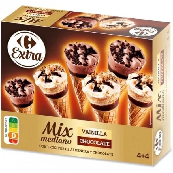 Conos con helado de vainilla y chocolate mix mediano Extra Carrefour 8 ud. - 7.93 ud - Imagen del producto en Findit