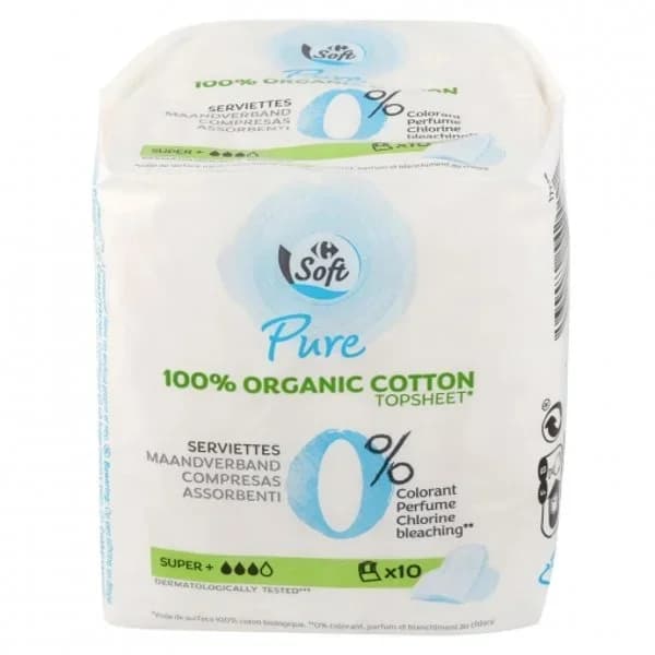 Compresas ultra finas super con alas ecológicas Pure Carrefour Soft 10 ud. - 9.92 ud - Imagen del producto en Findit