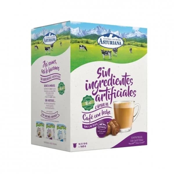 Café con leche en cápsulas Central Lechera Asturiana sin lactosa compatible con Dolce Gusto 16 unidades de 10 g. - 15.91 ud - Imagen del producto en Findit