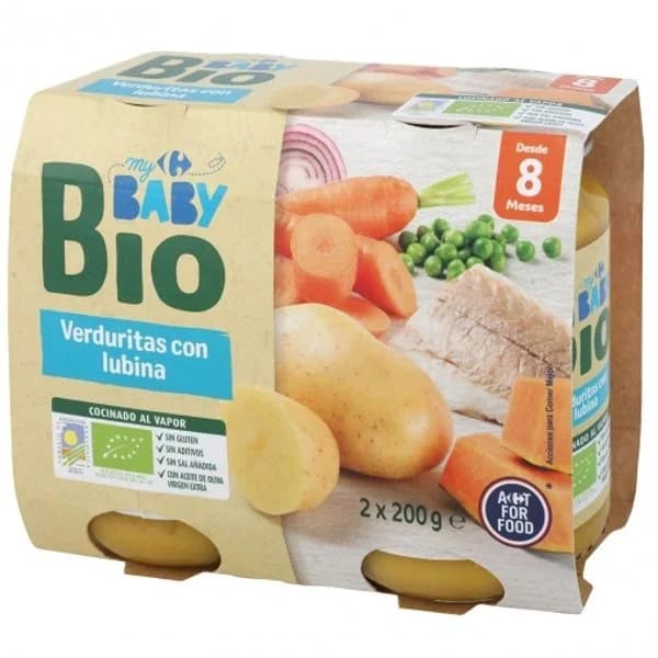 Tarrito de verduras con lubina desde 8 meses ecológico Carrefour Baby Bio sin gluten pack de 2 unidades de 200 g. - 0.4 kg - Imagen del producto en Findit