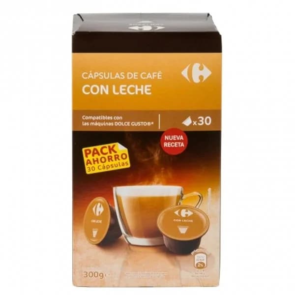 Café cápsulas con leche Carrefour Extra compatible con Dolce Gusto 30 unidades de 10 g. - 30.41 ud - Imagen del producto en Findit