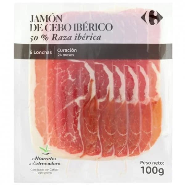 Jamón de cebo ibérico 50% raza ibérica en lonchas Carrefour 100 g - 0.1 kg - Imagen del producto en Findit