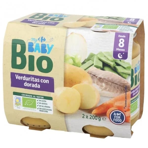 Tarrito de verduritas con dorada desde 8 meses ecológico Carrefour Baby Bio sin gluten pack de 2 unidades de 200 g. - 0.4 kg - Imagen del producto en Findit