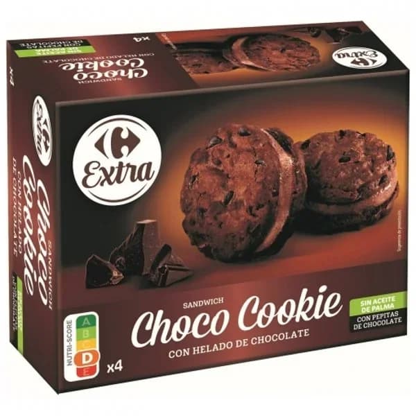 Sándwich choco cookie con helado de chocolate Extra Carrefour 4 ud. - 3.99 ud - Imagen del producto en Findit