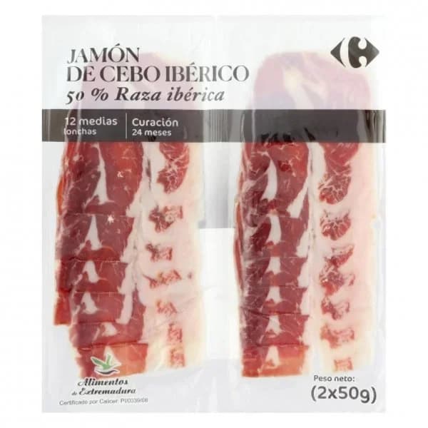 Jamón de cebo ibérico 50% Raza Ibérica en medias lonchas Carrefour 100 g - 0.1 kg - Imagen del producto en Findit