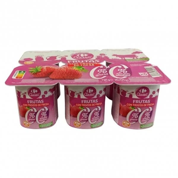 Yogur desnatado con trozos de fresa Carrefour Classic' sin gluten y sin azúcar añadido pack de 6 unidades de 125 g. - 0.75 kg - Imagen del producto en Findit