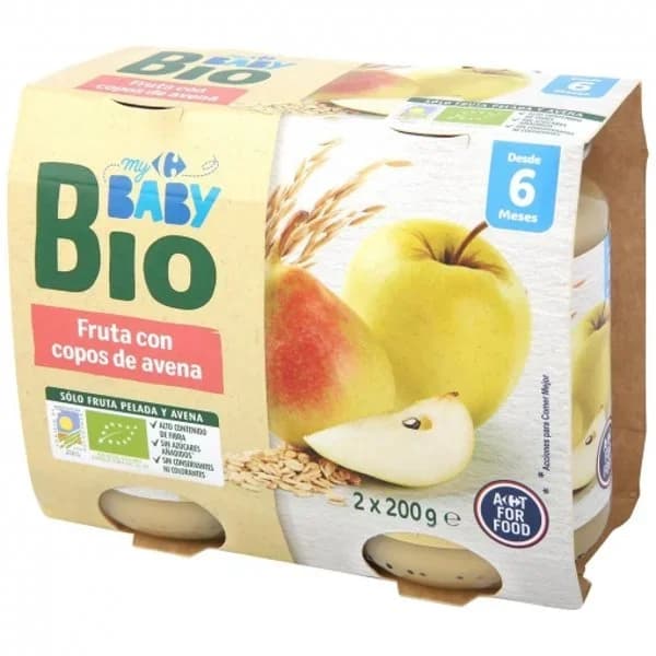 Tarrito de frutas con copos de avena Ecologico Carrefour Baby Bio desde 6 meses pack de 2 unidades de 200 g. - 0.4 kg - Imagen del producto en Findit