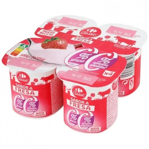 Yogur desnatado sabor fresa Carrefour Classic' sin azúcar añadido pack de 4 unidades de 125 g. - 0.5 kg - Imagen del producto en Findit