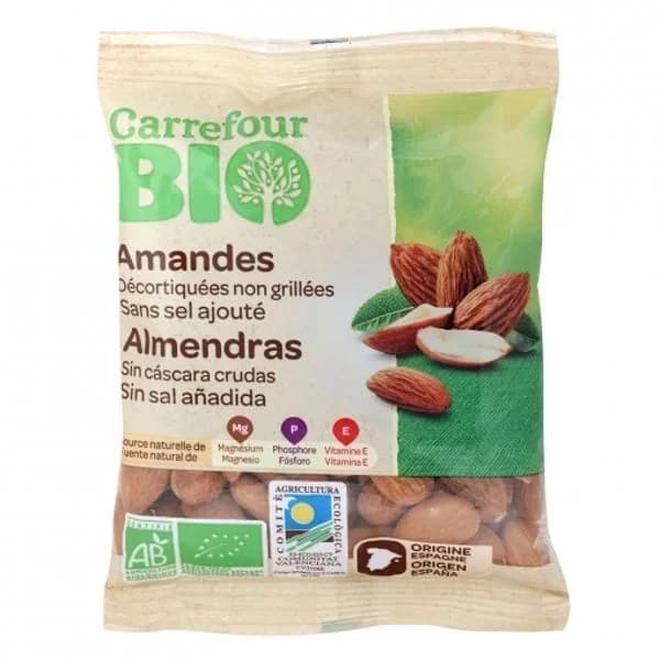 Almendras crudas sin cáscara ecológicas Carrefour Bio sin sal añadida 90 g. - 0.09 kg - Imagen del producto en Findit