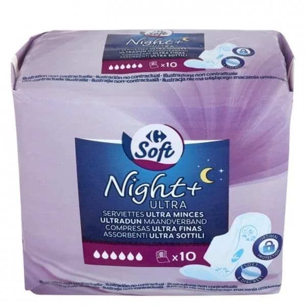 Compresas ultra con alas noche Carrefour 10 ud. - 9.58 ud - Imagen del producto en Findit