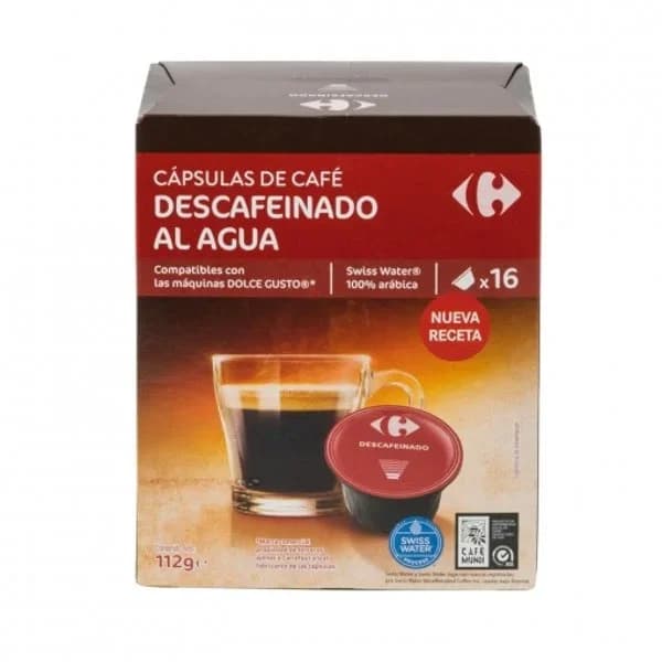 Café cápsulas descafeinado al agua Carrefour Extra compatible con Dolce Gusto 16 unidades de 7 g. - 15.83 ud - Imagen del producto en Findit