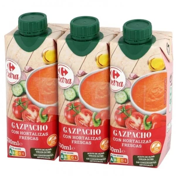 Gazpacho con aceite de oliva virgen extra Carrefour sin gluten pack de 3 unidades de 330 ml. - 0.99 l - Imagen del producto en Findit