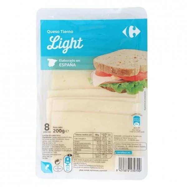 Queso en loncha tierno light en lonchas Carrefour 200 g. - 0.2 kg - Imagen del producto en Findit