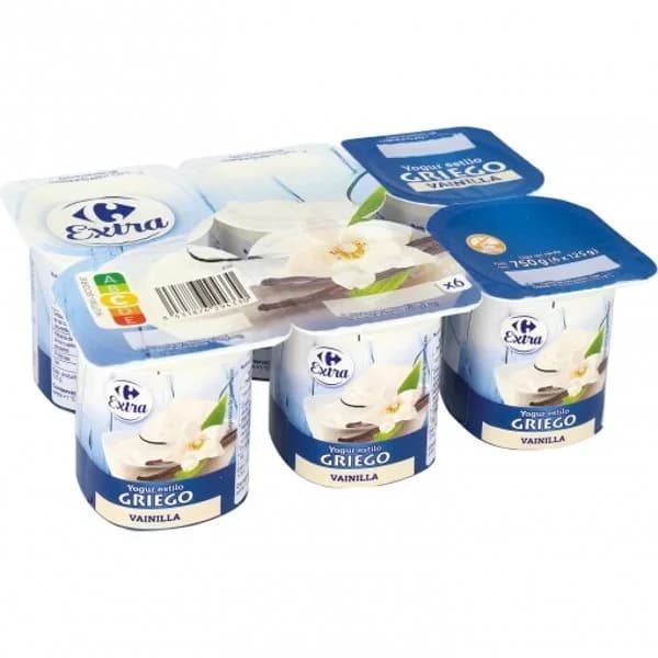 Yogur estilo griego con vainilla Carrefour Extra sin gluten pack de 6 unidades de 125 g. - 0.75 kg - Imagen del producto en Findit