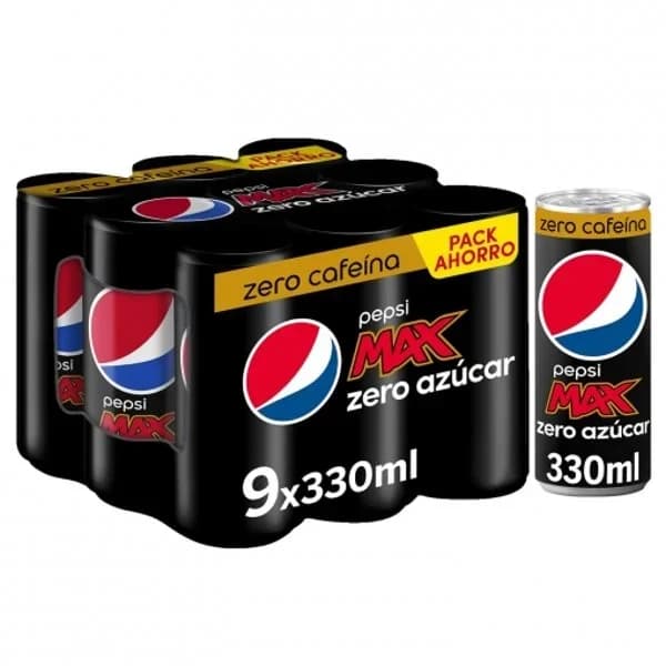 Refresco cola PEPSI ZERO SIN AZÚCAR SIN CAFEINA, pack 9x33 cl - 2.97 l - Imagen del producto en Findit