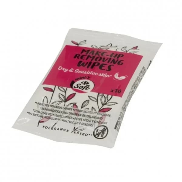 Toallitas desmaquillantes para pieles secas y sensibles Soft Carrefour 10 ud. - 9.71 ud - Imagen del producto en Findit