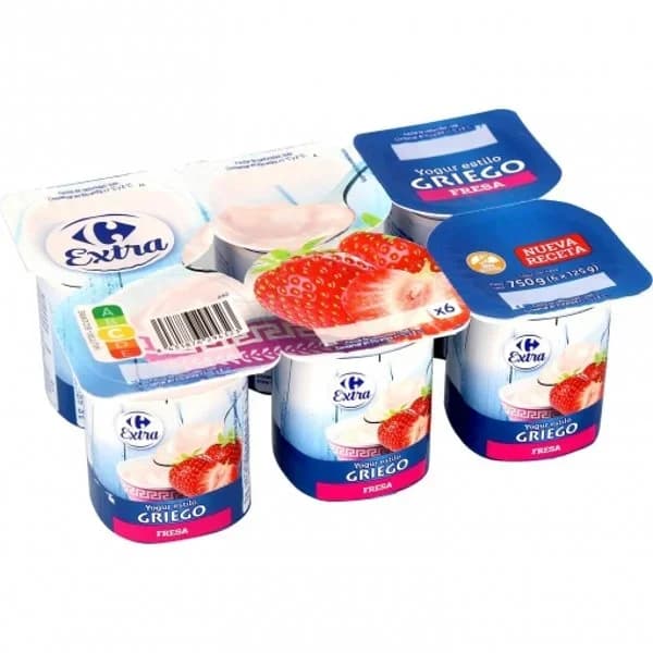 Yogur griego de fresa Carrefour Extra sin gluten pack de 6 unidades de 125 g. - 0.75 kg - Imagen del producto en Findit