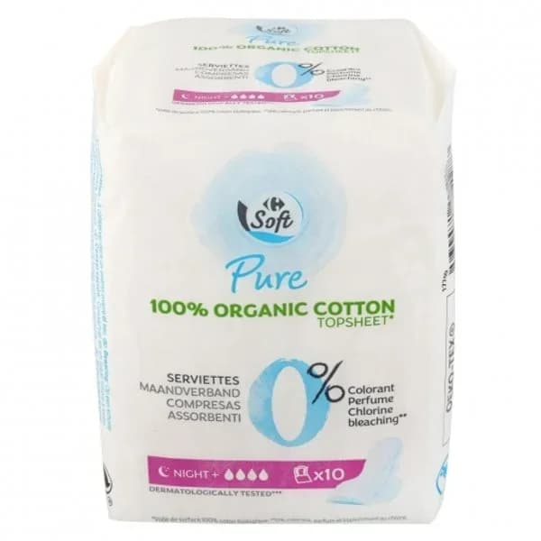 Compresas ultra finas con alas para noche plus Pure Carrefour Soft 10 ud. - 10.24 ud - Imagen del producto en Findit